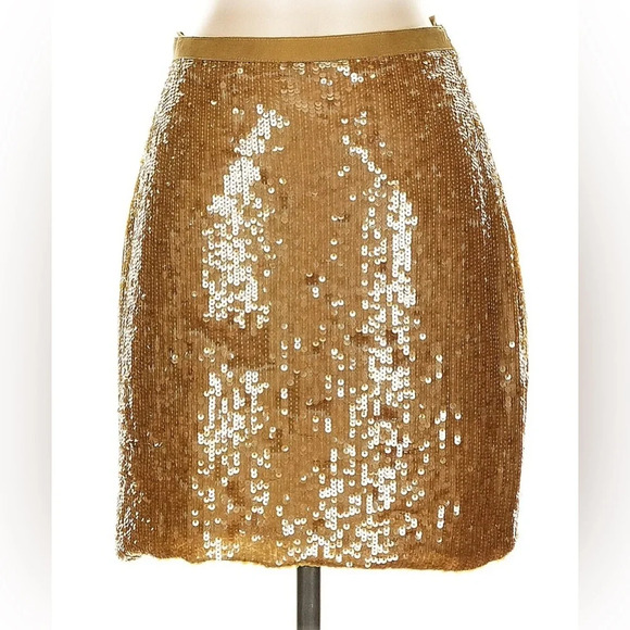 JENNI KAYNE 100% SILK PENCIL MINI SKIRT SEQUINS PARTY GOLD SPARKLY NWT 4 - Picture 1 of 6